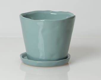 Maceta azul grande, maceta de 4 pulgadas, jardinera de 4 pulgadas, jardinera azul, maceta de jardín, maceta de flores, maceta de cerámica con platillo, contemporánea, con orificio de drenaje