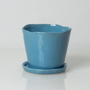 Large Sky Blue Pot, Blue Planter, 4 Inch Pot, 4 Inch Planter, Ceramic Pot with Saucer, Flower Pot, Garden Pot, Wonky, Modern, Drainage Holde