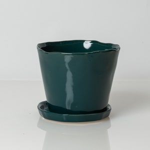 Large Blue Green Pot, 4 Inch Pot, Teal Blue, 4 Inch Planter, Large Planter, Pot with Saucer, Wonky, Minimalist, Ceramic Pot, Drainage Hole