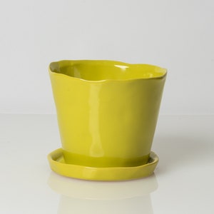 Może przedstawiać: Jasnożółta doniczka ceramiczna z falistym brzegiem i pasującą podstawką. Doniczka jest przeznaczona do roślin doniczkowych.