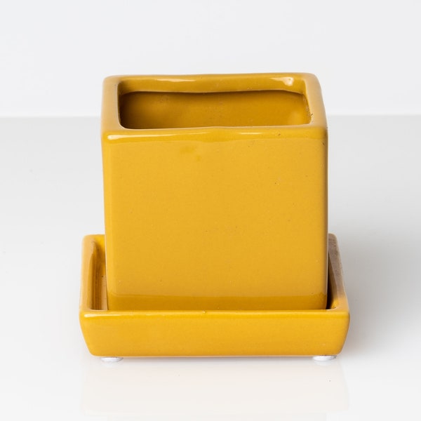 Yellow Colorful Cube Ceramic Planter with Saucer, Cube Planter, Small Plant Pot, Pot with Saucer, Succulent Planter, Mini Planter, Mini Pot