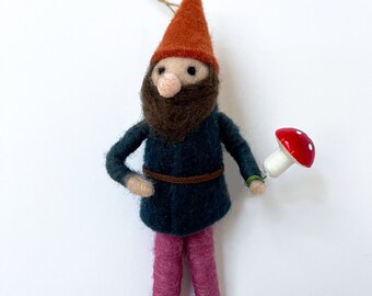 Felted Gnome with Amanita Mushroom ~ Christmas Ornament ~ Wreath Ornament ~ Gnome Decor ~ Holiday Decor