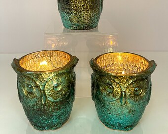 Glass Owl Votive Candle Holder ~ Large & Iridescent ~ Peacock Colors ~ The PerfectWay  to Set the Mood with a Golden Glow