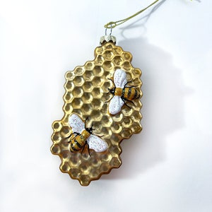 Golden Honeycomb Christmas Ornament with Happy Honey Bees
