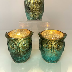 Glass Owl Votive Candle Holder ~ Large & Iridescent ~ Peacock Colors ~ The PerfectWay  to Set the Mood with a Golden Glow