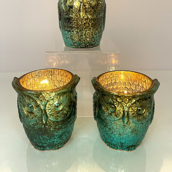 Glass Owl Votive Candle Holder ~ Large & Iridescent ~ Peacock Colors ~ The PerfectWay  to Set the Mood with a Golden Glow