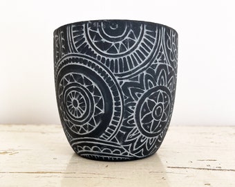 4 Inch Black Patterned Pot ~ Etched Sun and Flower Shapes ~