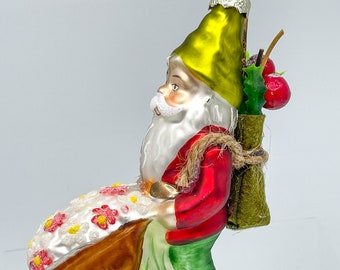 Santa Gnome Ornament, Garden Gnome Ornament, Santa Christmas Ornament, Wheelbarrow Ornament, Flower Ornament, Gift for Gardener, Old World