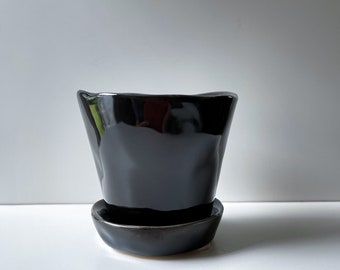 3-Zoll-Blumentopf, 3-Zoll-Blumentopf, kleiner Topf, Keramiktopf, schwarzer Keramiktopf mit Untersetzer