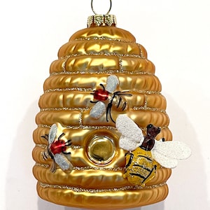 Golden Bee Hive Christmas Ornament ~Glass Bee Skep Ornament