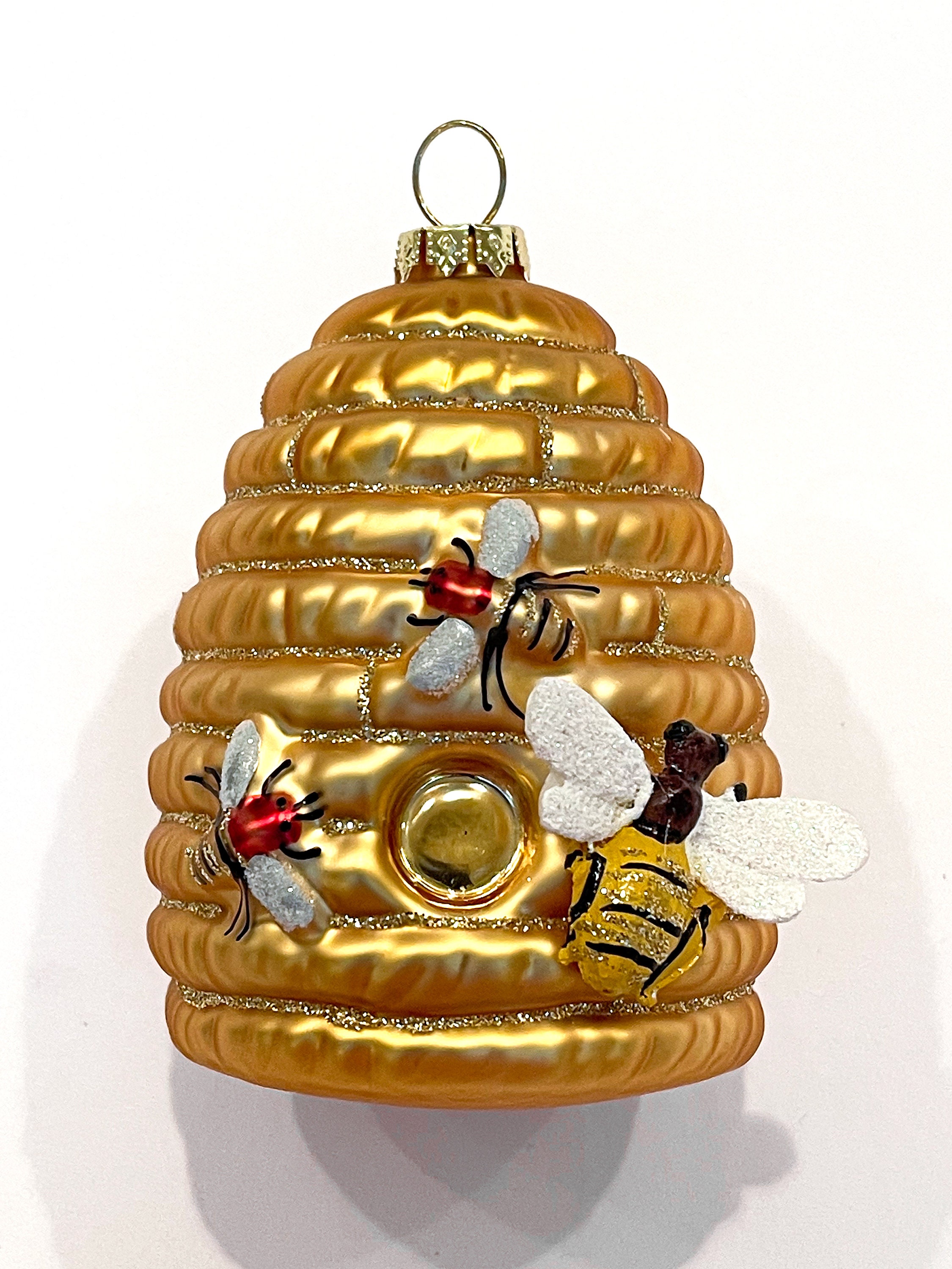 Golden Bee Hive Christmas Ornament ~Glass Bee Skep Ornament