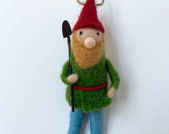 Felted Garden Gnome with Shovel ~ Christmas Ornament ~  Wreath Ornament