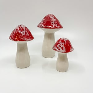 Set of Three Mushrooms, Red Mushrooms, Ceramic Mushrooms, Fairy Garden, Magic Mushrooms, Garden Decor