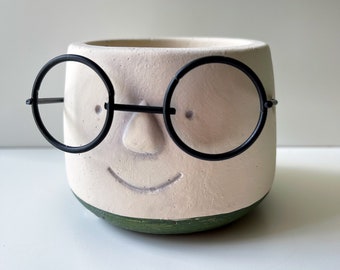 Small Face Pot With Eye Glasses ~ Head Planter ~ Nerd ~ Head Pot ~ Genius ~ Poindexter Planter~ Fits a 2 -3 Inch Plant ~ Small Planter