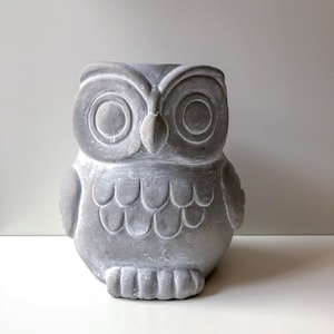 May include: A gray ceramic owl planter with large eyes and a detailed feathered design.
