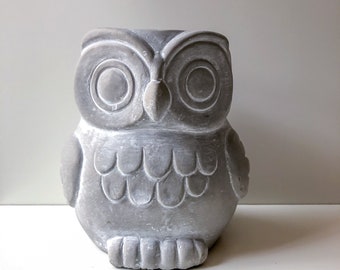 Owl Pot, Owl Planter, Cement Owl, Cement Pot, Bird Pot, Bird Planter, Athena, Gray Owl, Whitewashed Pot