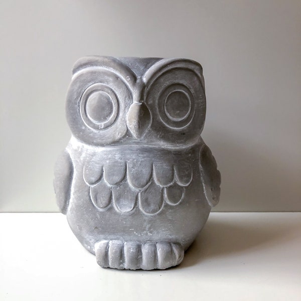 Owl Pot, Owl Planter, Cement Owl, Cement Pot, Bird Pot, Bird Planter, Athena, Gray Owl, Whitewashed Pot