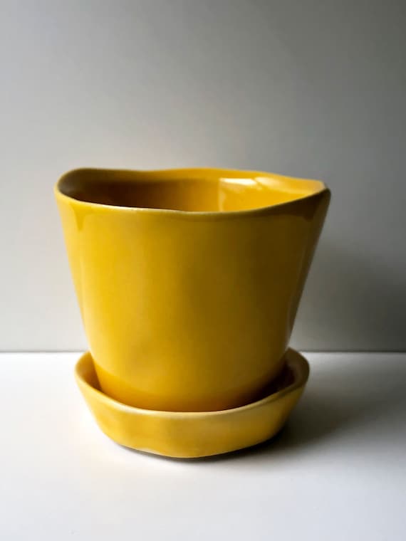Small Yellow Ceramic Planter With Saucer, Small Planter, Small