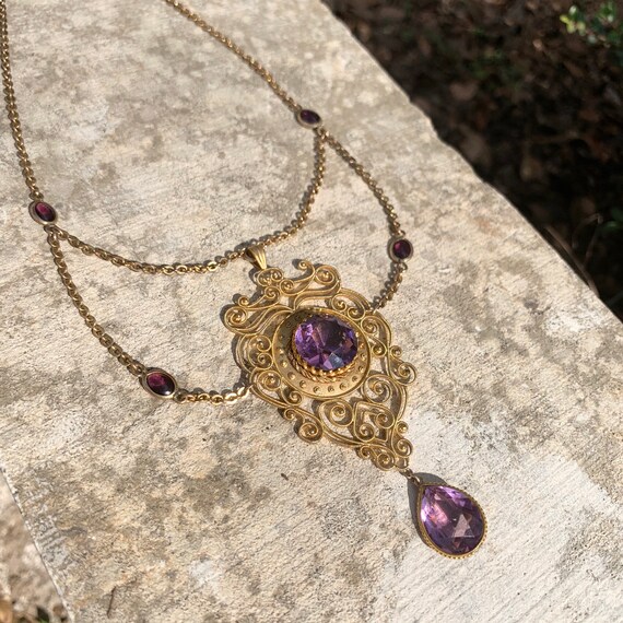 Art Nouveau gold filled amethyst festoon necklace