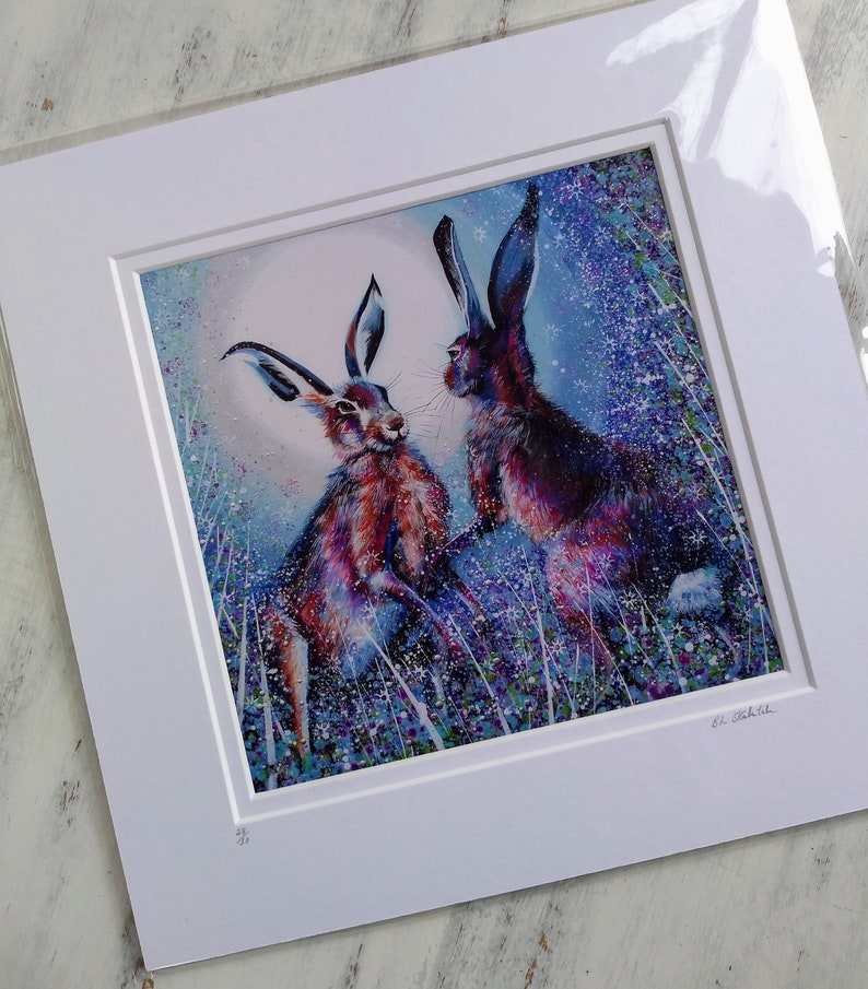 Boxing hares print jack rabbits moonlight countryside | Etsy