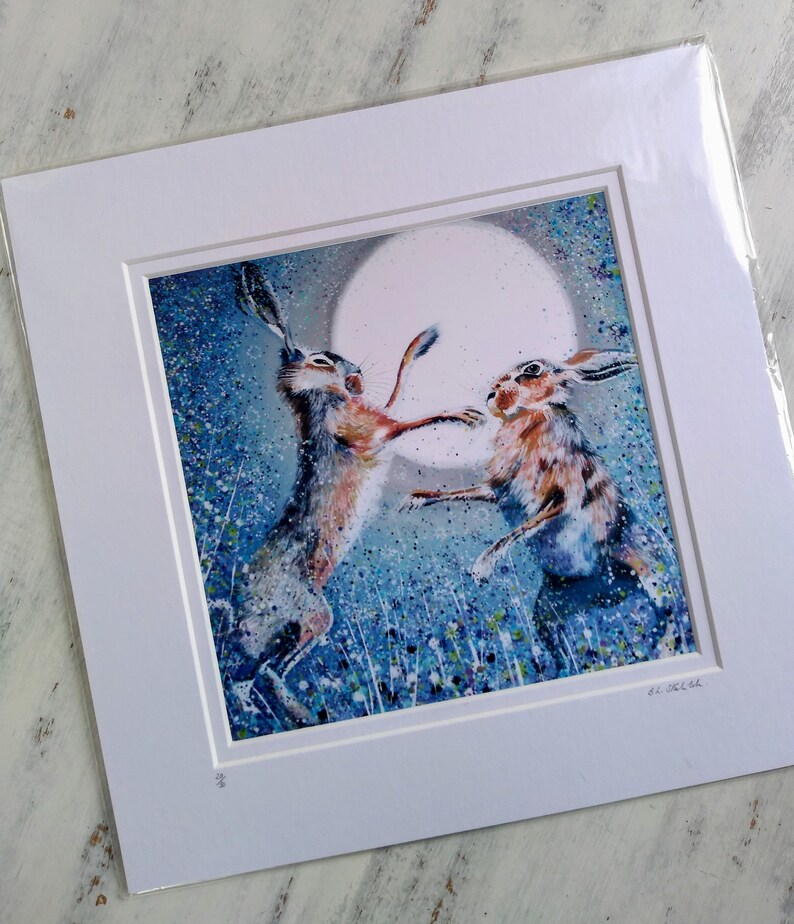 Blue Boxing Hares Print Jack Rabbits Moonlight Countryside - Etsy Australia