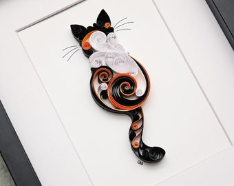 Handcrafted Quilled Scrollwork Cat - Original Design - Orange, Black, and White Calico - Unique Paper Art Home Decor - Gift for Cat Lovers