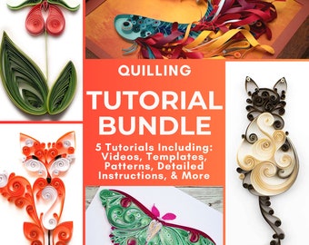 Quilling Tutorial Bundle | Templates, Patterns | Quilled Cat, Luna Moth, Betta Fish, Red Fox, Lady&#39;s Slipper