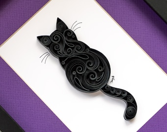 Handcrafted Quilled Scrollwork Black Cat - Original Design - Unique Paper Art Home Decor - Gift for Cat Lovers