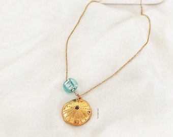 gold sea urchin necklace, summer necklace, shell necklace, beach necklace, greek jewelry, turquoise and gold, sea urchin pendant necklace