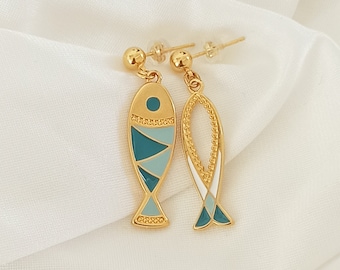 fish earrings, summer earrings, summer jewelry, greek jewelry, blue fish earrings, gold plated earrings set, 24k earrings, fish jewelry