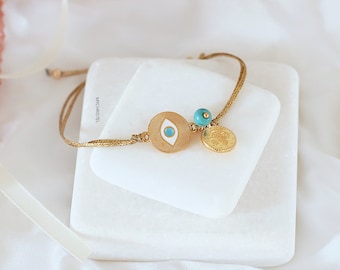 Pulseira olho grego, joia olho grego, olho grego dourado, pulseira de cordão encerado, joia grega, pulseira de cordão dourado, amuleto grego, turquesa e ouro