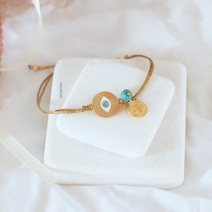 Pulsera de mal de ojo, joyería de mal de ojo, mal de ojo dorado, pulsera de cordón encerado, joyería griega, pulsera de cordón dorado, mati griego, turquesa y oro