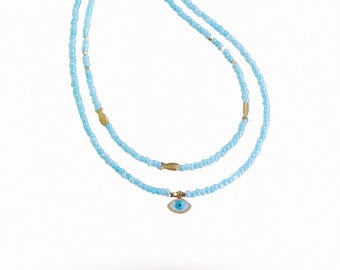 collar del mal de ojo, joyería del mal de ojo, joyería griega, mal de ojo azul, joyería de verano, collar de pez, collar turquesa, collar de cuentas