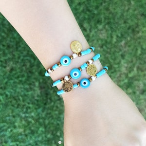 turquoise evil eye bracelet, turquoise bead bracelet, evil eye jewelry, friendship bracelets, gold coin, greek jewelry, beaded bracelet