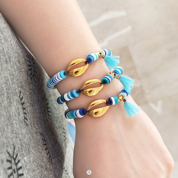 Gold Shell Bracelet, Blue Bead Bracelet, Clay Beads, Summer Jewelry, Greek  Jewelry, Beach Bracelet, Bohemian Jewelry, Gold Shell Jewelry 