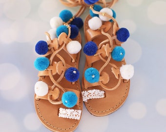 leather sandals, greek sandals, gladiator sandals, girl sandals, summer shoes, sandals for girls, sandals for kids, blue pom pom sandals