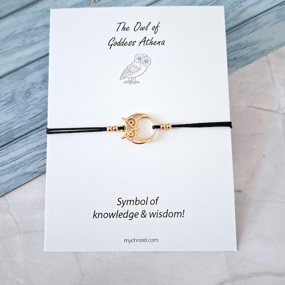 goddess athena bracelet, greek mythology, greek gods, bracelet with card, gold owl charm, greek jewelry, owl bracelet, goddess athena symbol