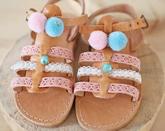 Leather Sandals Summer Shoes Girls Sandals Greek Sandals Pom