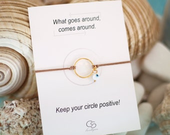 karma bracelet, gold circle bracelet, greek jewelry, keep your circle positive, bracelet with card, eternity bracelet, geometrical shapes