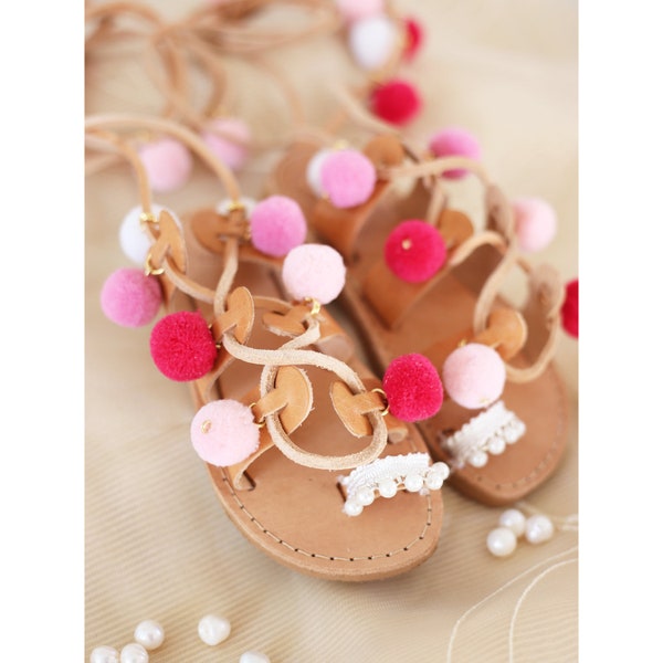 leather sandals, greek sandals, gladiator sandals, girl sandals, summer shoes, sandals for girls, sandals for kids, pink pom pom sandals