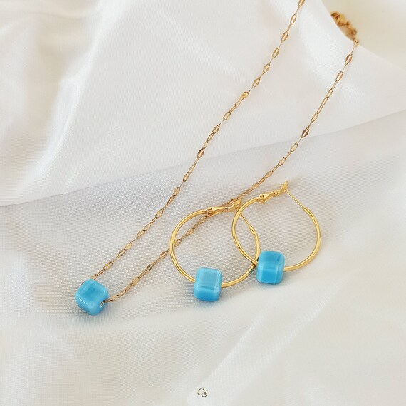 Gold Chain Necklace Turquoise Cube Necklace Greek Jewelry Gold