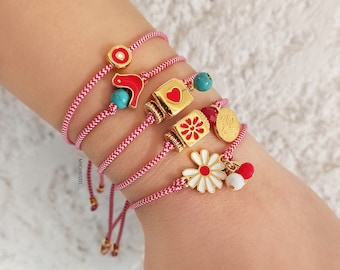 greek martakia, martis, martaki, martisor, march bracelet, greek jewelry, daisy flower bracelet, swallow bird martaki, red evil eye jewelry