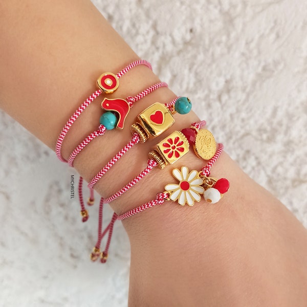 greek martakia, martis, martaki, martisor, march bracelet, greek jewelry, daisy flower bracelet, swallow bird martaki, red evil eye jewelry