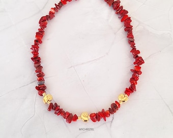 red coral necklace, red bead necklace, coral necklace, greek summer jewelry, gold shell necklace, coral chips, coral jewelry, beach necklace