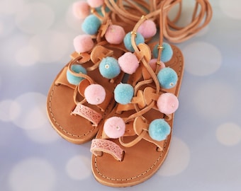 leather sandals, greek sandals, gladiator sandals, girl sandals, summer shoes, sandals for girls, sandals for kids, pink pom pom sandals