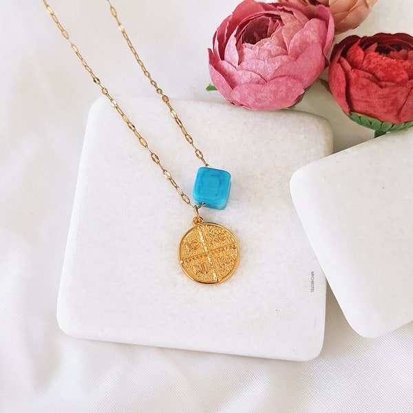 constantine necklace, turquoise cube necklace, cross necklace, greek jewelry, religious jewelry, gold chain necklace, κωνσταντινατο