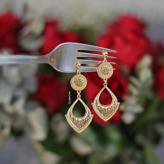 gold plated earrings, gold plated 24k jewelry, greek jewelry, pendant  earrings, gold earrings, long earrings, gold plated brass jewelry