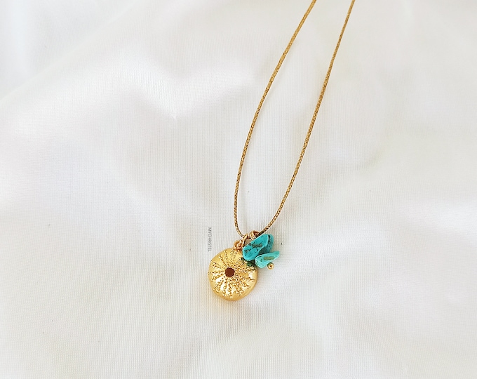 gold sea urchin necklace, golden waxed cord necklace, shell necklace, summer jewelry, beach necklace, greek jewelry, sea urchin jewelry