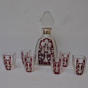 Art Deco Decanter and 6 Tot Glasses. Cocktail set. 1930s. Czech Republic. Flash Cut Glass
