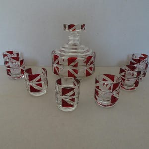 Art Deco Bohemian Glass Decanter Set. 1930s. 8 Glasses and a Decanter